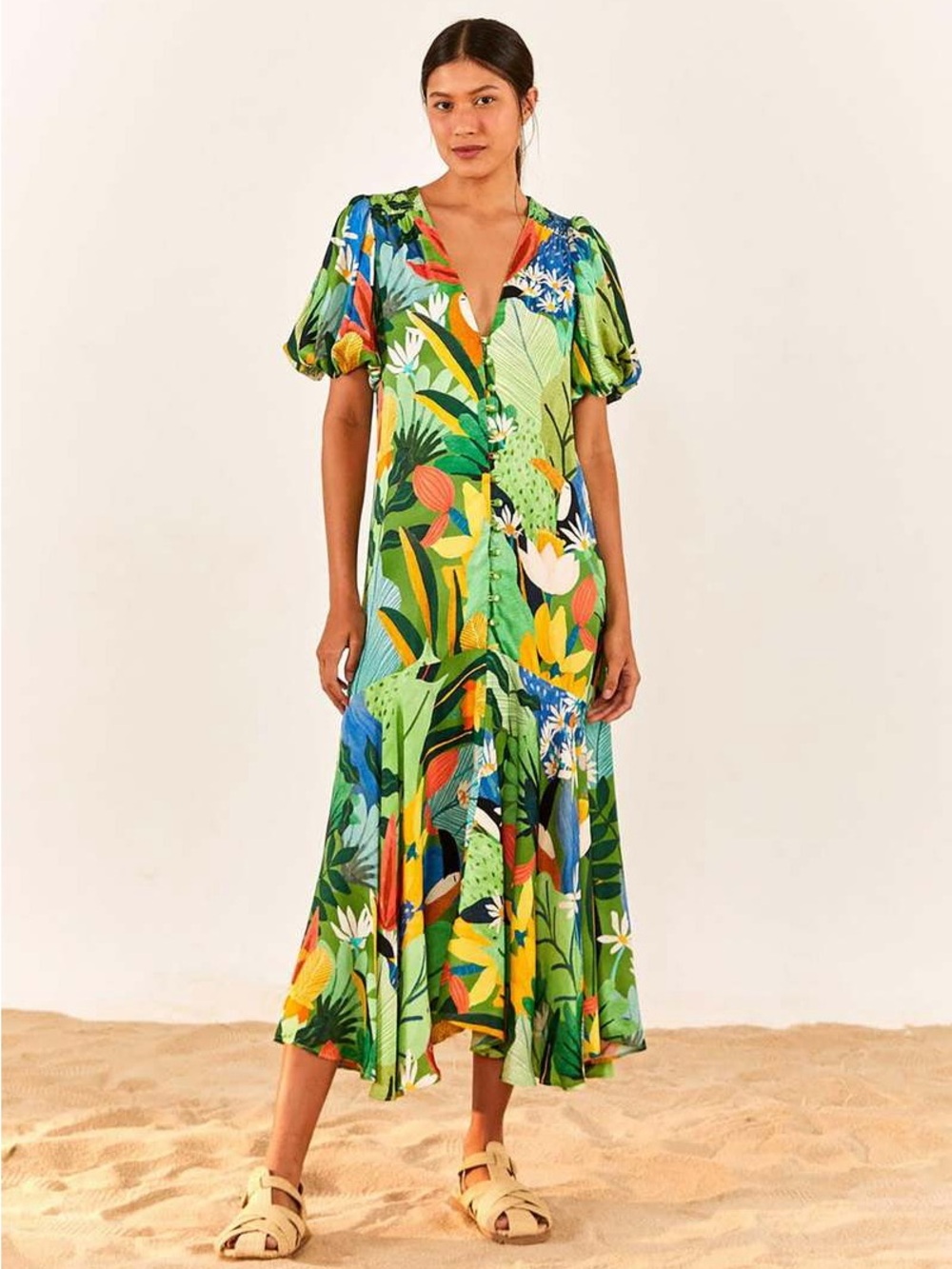 FARM Rio Green toucans button down midi dress